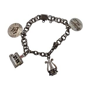 Vintage Sterling Silver Charm‎ Bracelet 1965 Whos Who Schoolhouse Harp 24g